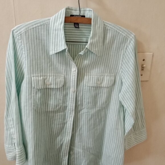 Chaps Sz M green white striped Linen Cotton Blend Blouse button up - Picture 2 of 4